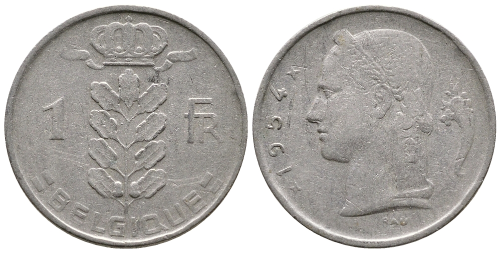 Бельгия 1 франк 1954 Belgique KM 142.1 медно-никель 259-755