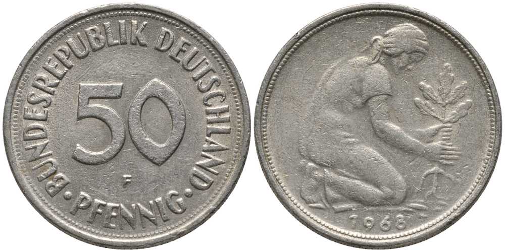 ФРГ 50 ПФЕННИГОВ 1968 F KM 109.1, J. 384 медно-никель плакированный никелем 112-716