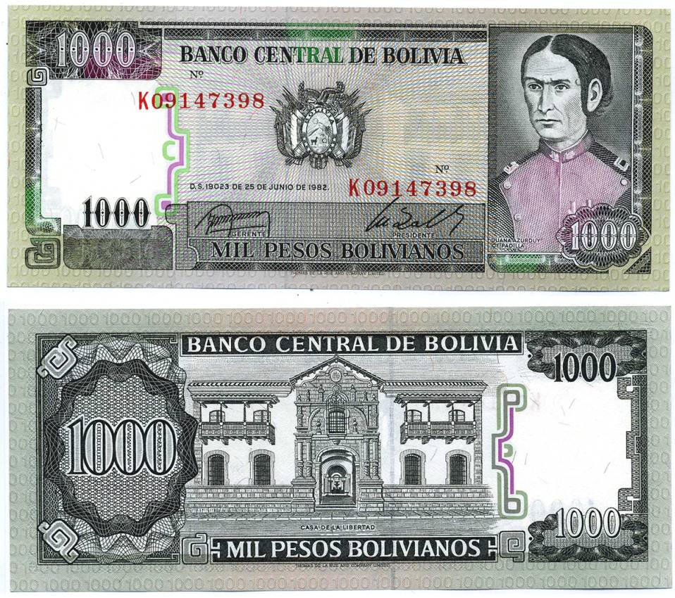 Боливия 1000 песо боливиано 1982 Хуана Асурдуй де Падилья Pick 167a (3) бумага UNC (пресс) 7214-59-1-1