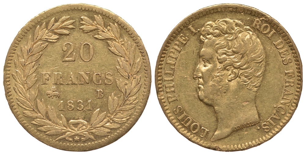 Франция 20 франков 1831 B, Луи-Филипп I KM 746.2 золото aUNC 00-000-00