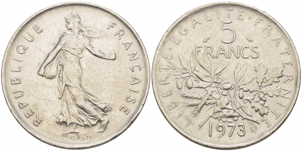 ФРАНЦИЯ 5 ФРАНКОВ 1973 СЕЯТЕЛЬ KM 926a.1, LE FRANC 341.5 медно-никель плакированный никелем 4403-231