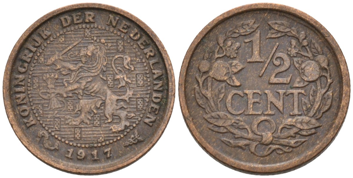 Нидерланды 1/2 цента 1917 Вильгельмина (1890-1948) KM 138 бронза 4576-411