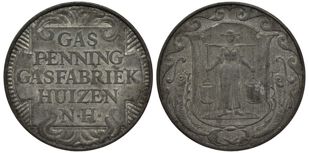 НИДЕРЛАНДЫ ЖЕТОН ND ХЁЙЗЕН ГАЗ ПФЕННИГ, ГАЗОВАЯ ФАБРИКА HUIZEN N.H., ДИАМЕТР 23,5 ММ. цинк 65-1046