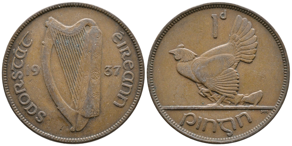 ИРЛАНДИЯ 1 ПЕННИ 1937 КУРИЦА С ЦЫПЛЯТАМИ KM 3 бронза 4110-146