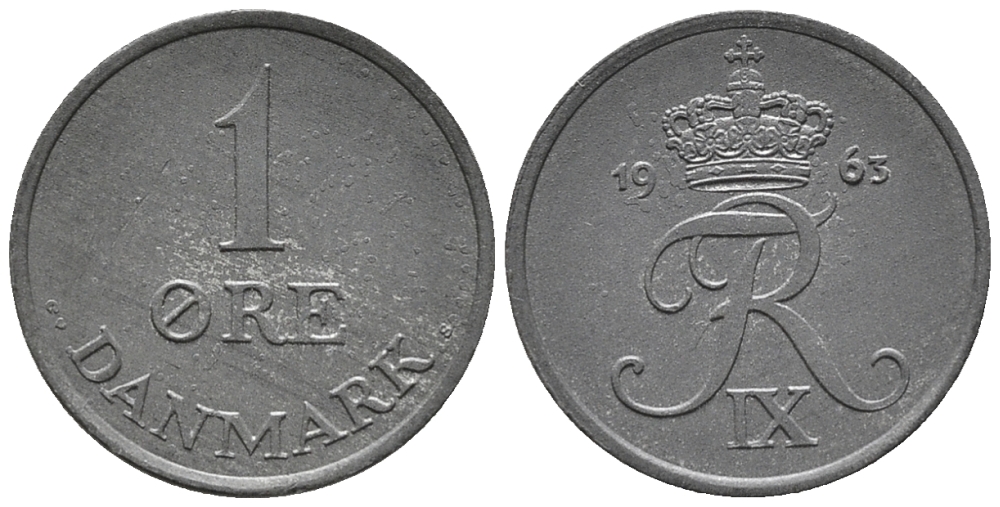 ДАНИЯ 1 ЭРЕ 1963 С; S, ФРЕДЕРИК IX (1947-1972) KM 839.2 цинк аUNC 66-158