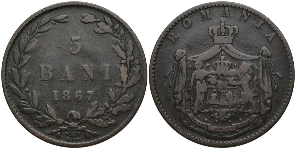 Румыния 5 бани 1867 монетный двор Watt&Co, Кароль I как принц (1866-1881) KM 3.2 бронза 27-347