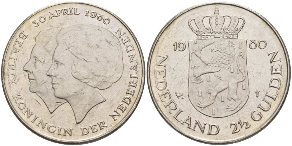 Нидерланды 2 1/2 гульдена 1980 коронация Беатрикс, 30 апреля 1980 KM 201 никель 210-1243