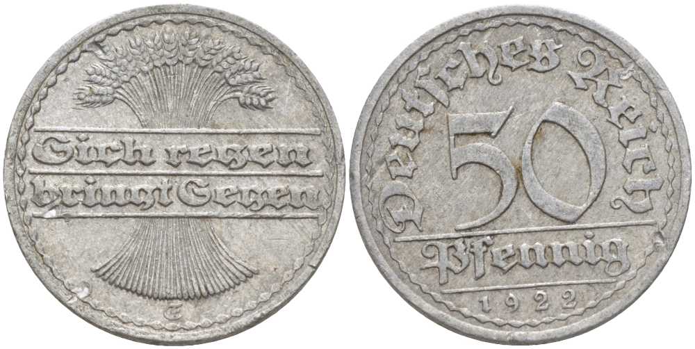 ГЕРМАНИЯ 50 ПФЕННИГОВ 1922 G KM 27, J. 301, Weege 10 алюминий 261-747