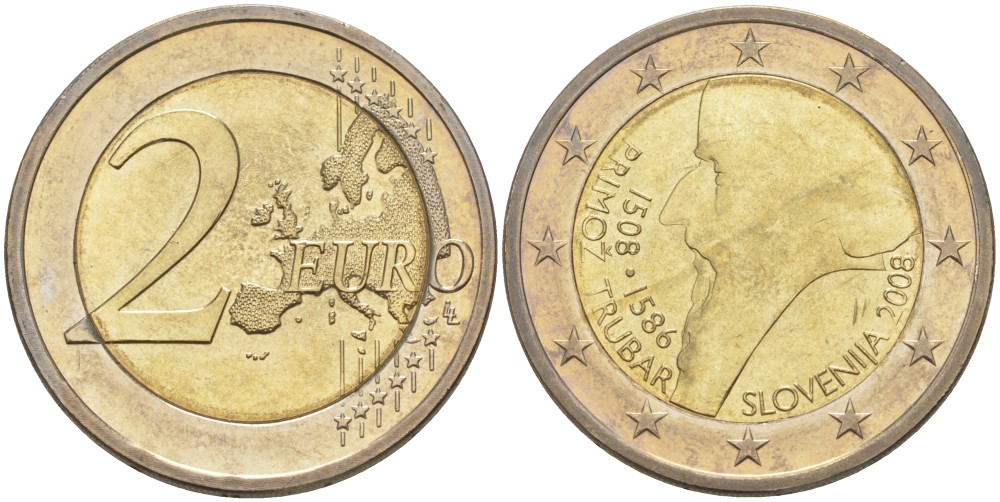 Словения 2 евро 2008 500 лет со дня рождения Приможа Трубара KM 80 биметалл UNC 4185-646