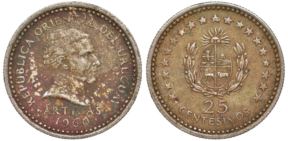 Уругвай 25 сентесимо 1960 KM 40 медно-никель 4580-118