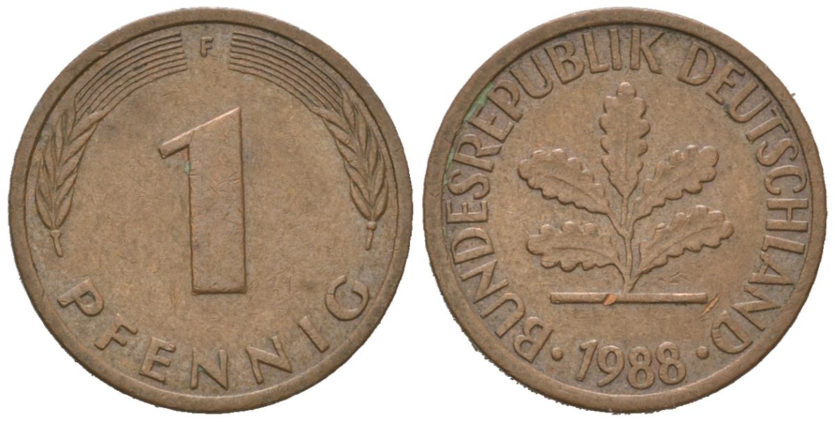 ФРГ 1 пфенниг 1988 F KM 105, J. 380 сталь плакированная медью 4580-645
