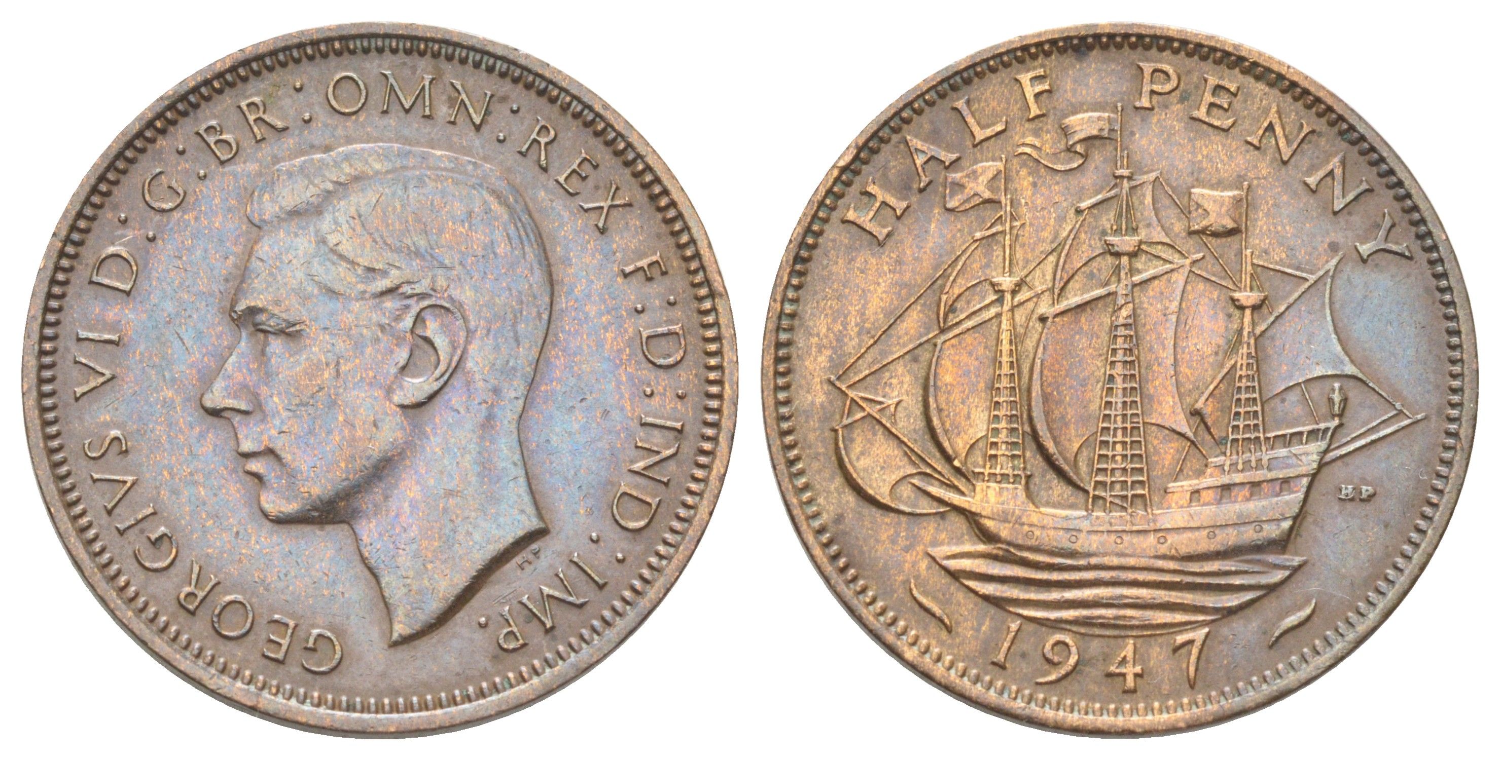 Великобритания 1/2 пенни 1947 Георг VI (1936-1952) KM 844, Spink 4115 бронза 4707-1047