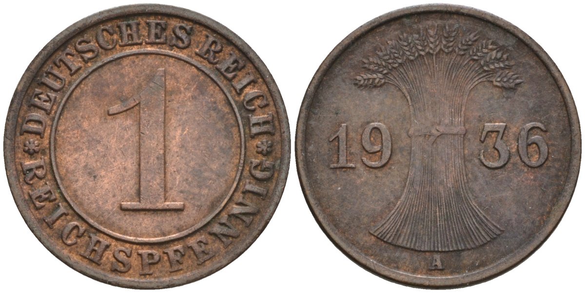 Германия 1 рейхспфенниг 1936 A KM 37, J. 313 бронза 4549-432