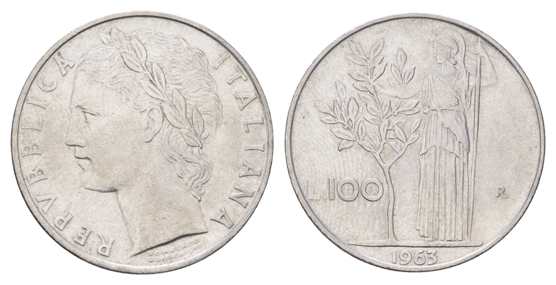 Италия 100 лир 1963 R, Афина в доспехах KM 96.1 нержавеющая сталь 4704-711
