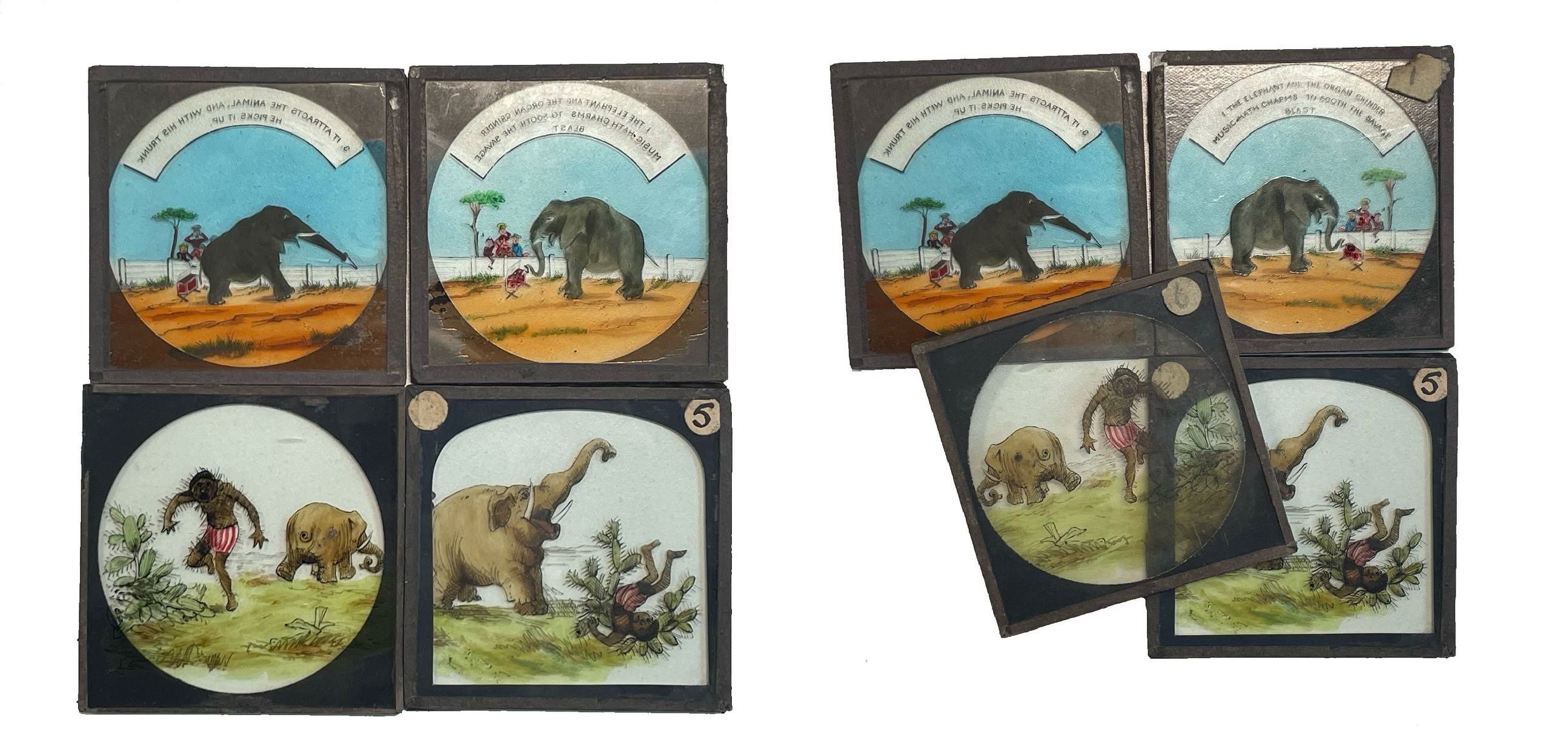 Нидерланды лот из 4 фотокарточек нарисованы от руки на линзе, 1 слон и шарманщик музыка имеет чары; 2 слон привлекает внимание своим хоботом и поднимает его; 3 слон побеждает человека скидывая его в кактус; 4 побежденный человек уходит 3-6-6-33