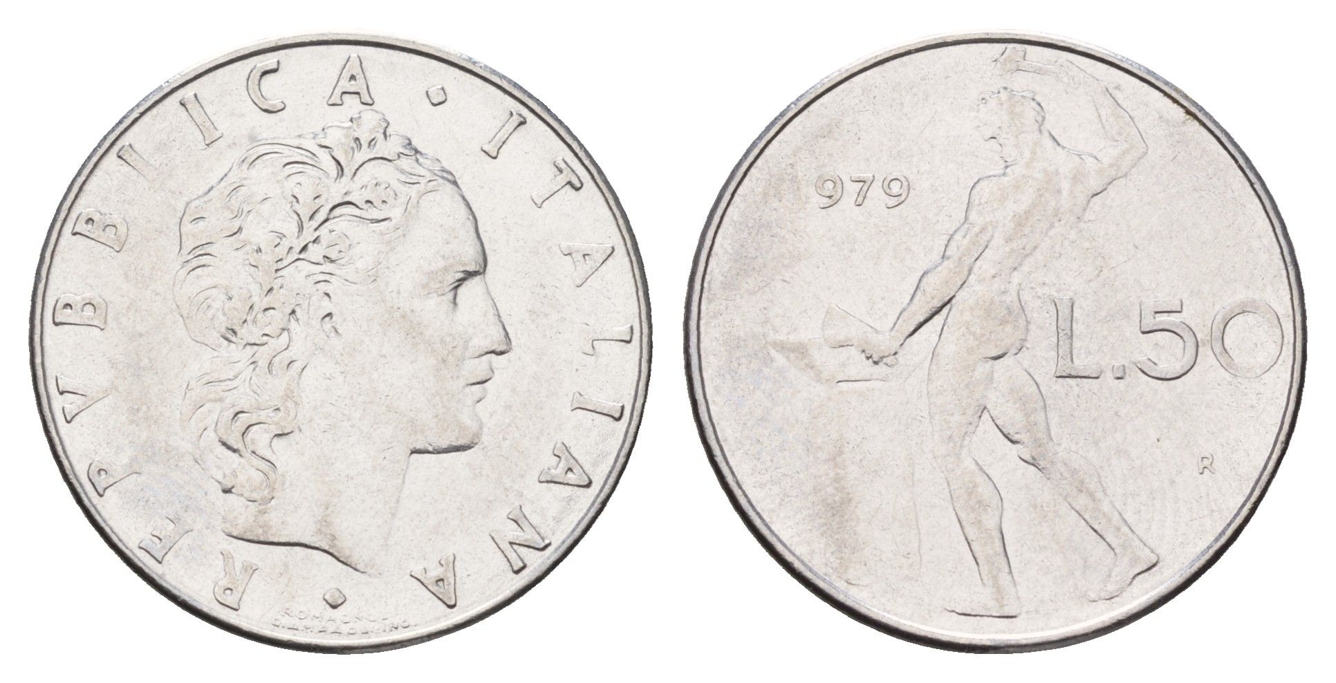Италия 50 лир 1979 R, бог огня Вулкан у наковальни KM 95.1 нержавеющая сталь 186-1016