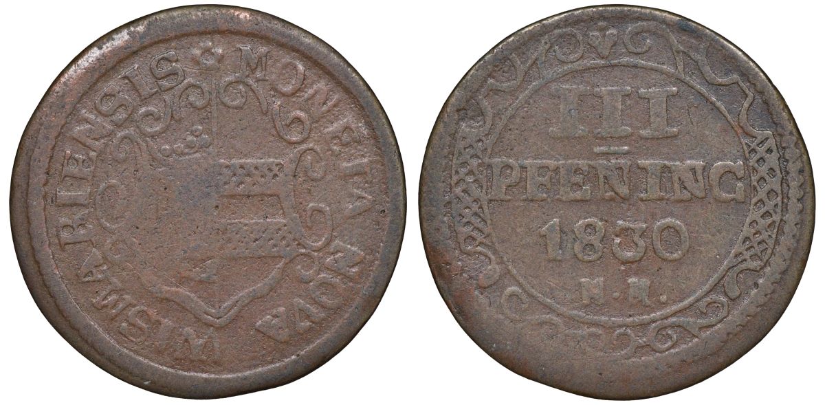 Мекленбург-Висмар 3 пфеннига 1830  AKS 93 медь    188-458
