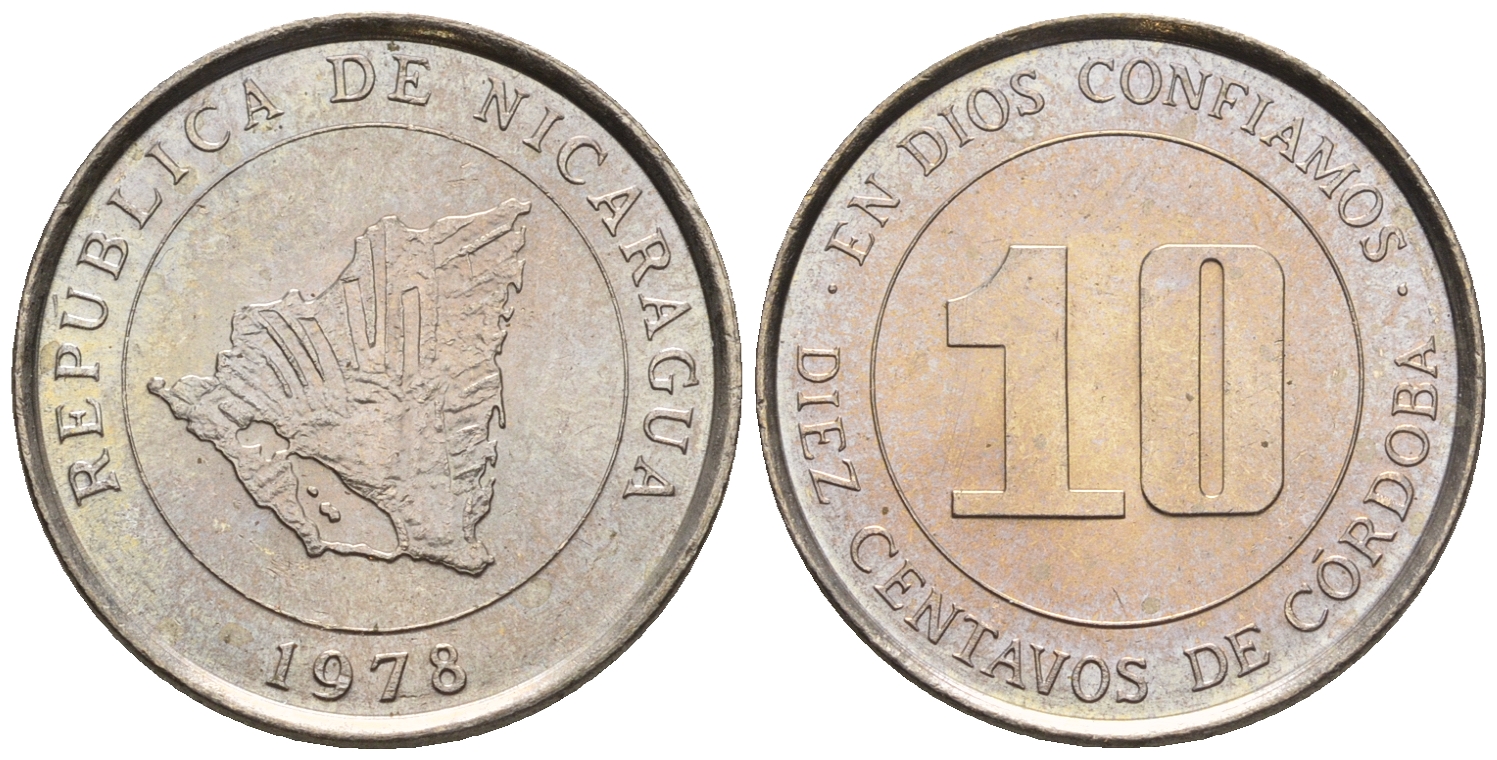 Никарагуа 10 сентаво 1978 карта страны KM 31 медно-никель  UNC  220-1229