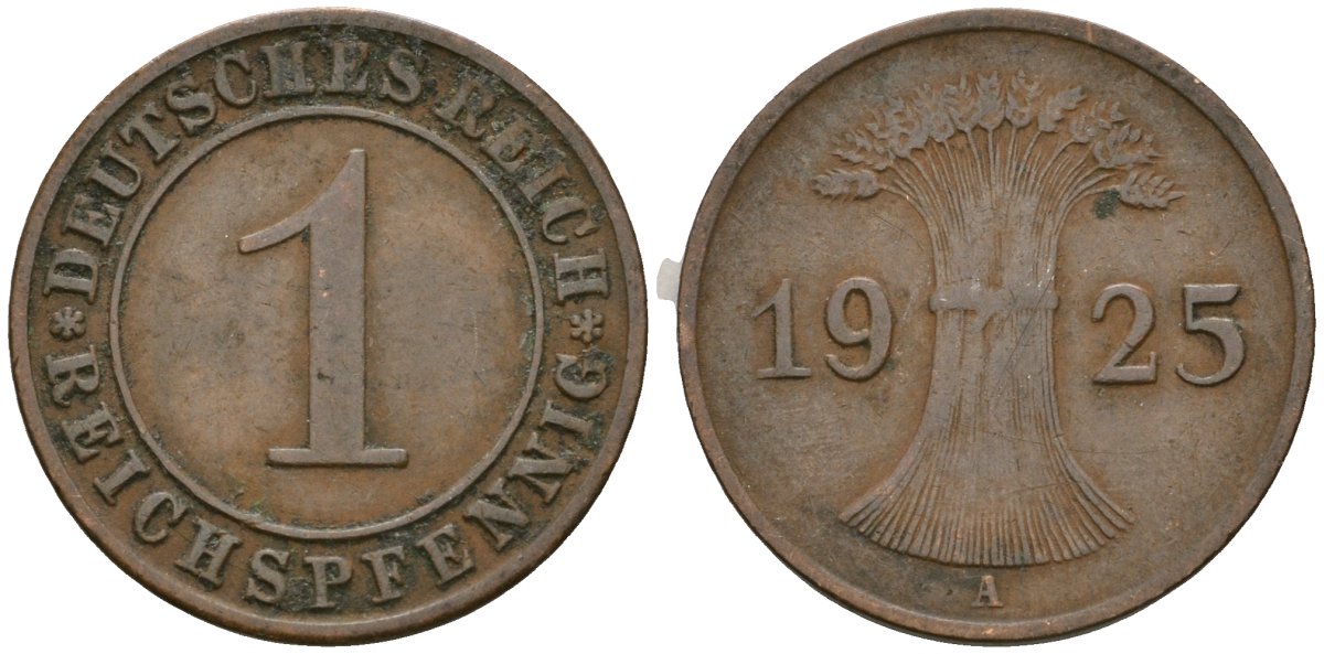 Германия 1 рейхспфенниг 1925 A KM 37, J. 313 бронза 4189-1067