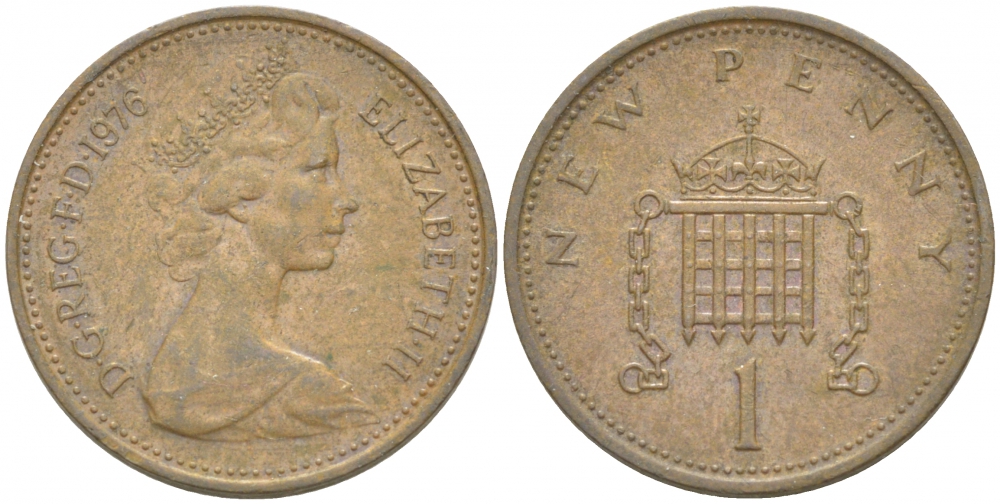 Великобритания 1 пенни 1976 Елизавета II (1952-2022) KM 915, Spink 4237 (B1) бронза 3851-1166