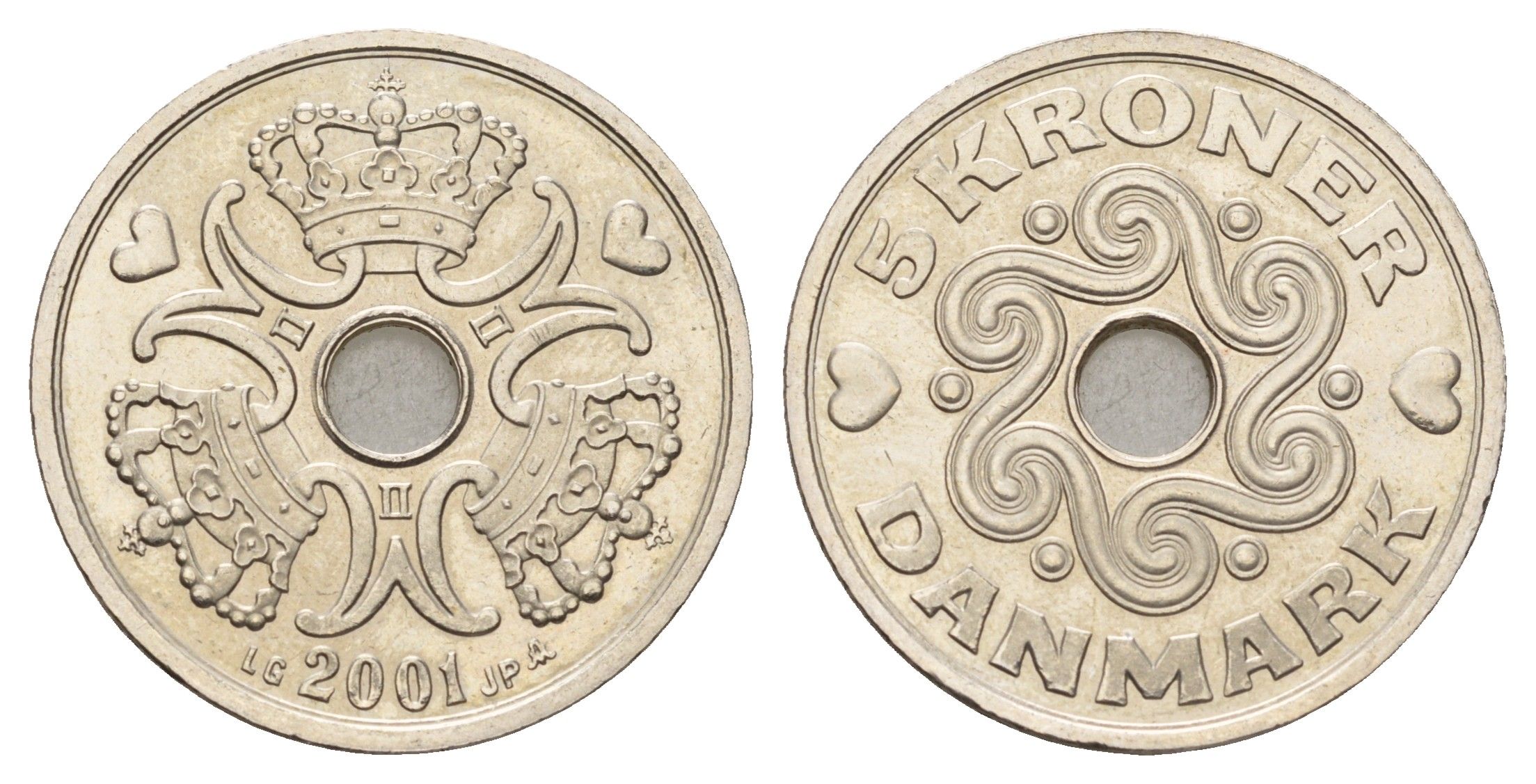 Дания 5 крон 2001 Маргрете II (1972-2024) KM 869 медно-никель UNC 119-112