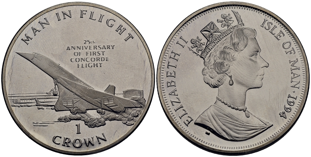 Остров Мэн 1 крона 1994 25 лет со дня первого полета Конкорда КМ 424 медно-никель UNC 4125-134