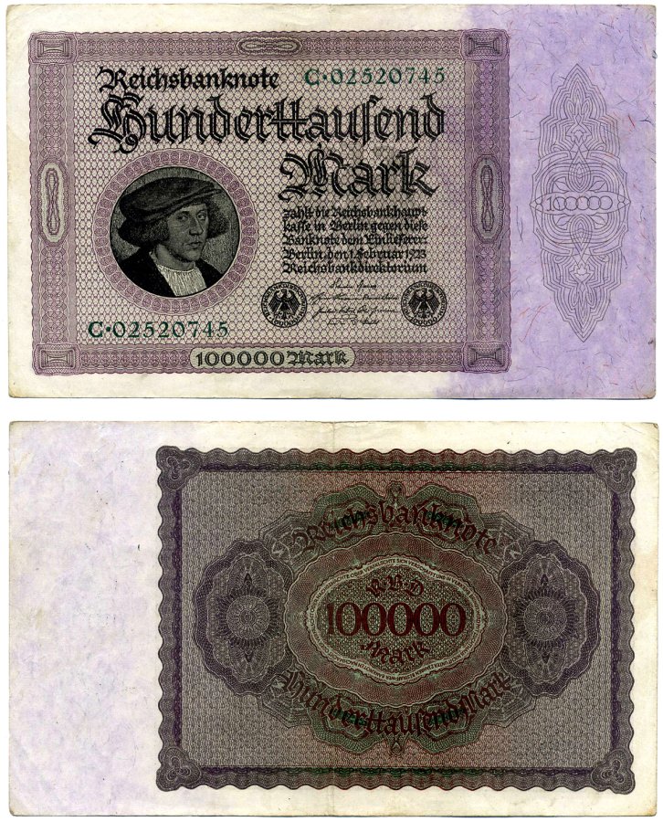 Германия 100000 марок 1923 1 февраля 1923, выпуск (март 1923-5 июля 1925), номер восьмизначный, серия С 02520745 Pick 83, Розенберг 82а бумага 2194-9-2-2