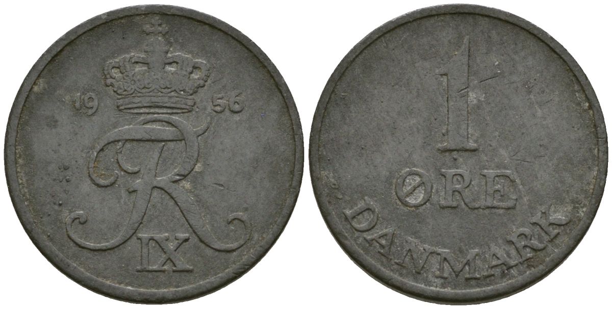 Дания 1 эре 1956 Фредерик IX (1947-1972) KM 839 цинк 4136-358