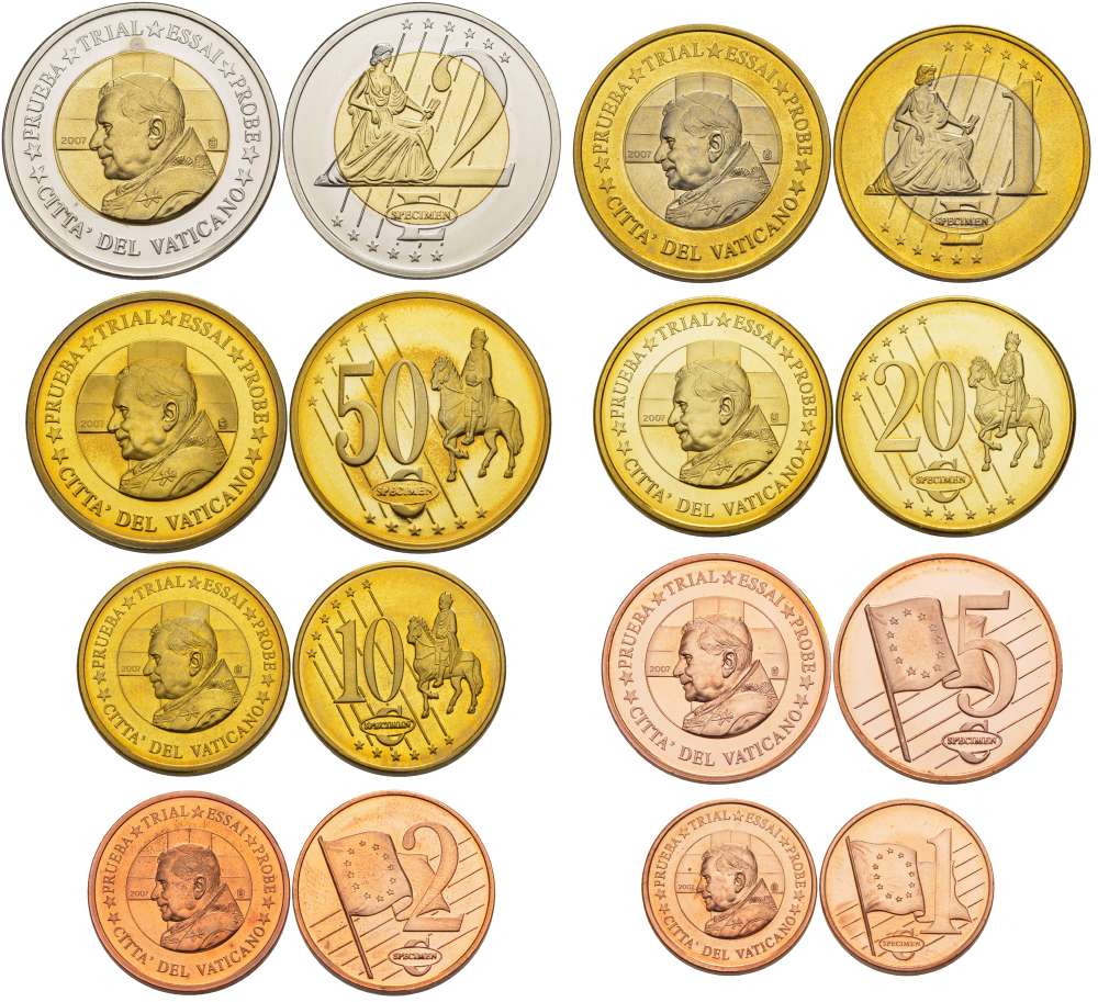 Ватикан набор из 8 монет 2007 PROBE, ESSAI, европробники большого формата, в капсулах, Бенедикт XVI, тираж 30000 экз. биметалл PROOF 5-4-1-95