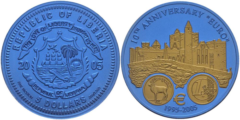 Либерия 5 долларов 2005 10 лет евро, страны еврозоны, Ирландия, с сертификатом, би-колор (два цвета), вес 7,78 гр., диаметр 35 мм.  ниобий  UNC  1081-7-52
