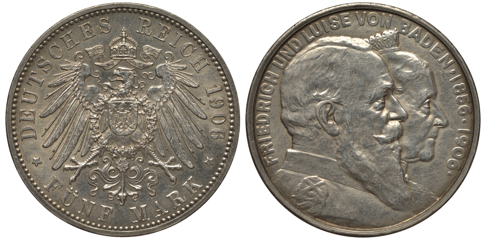Баден 5 марок 1906 золотая свадьба Фридриха I и Луизы, Weege 34, J. 35, KM 277 серебро aUNC 00-815-63