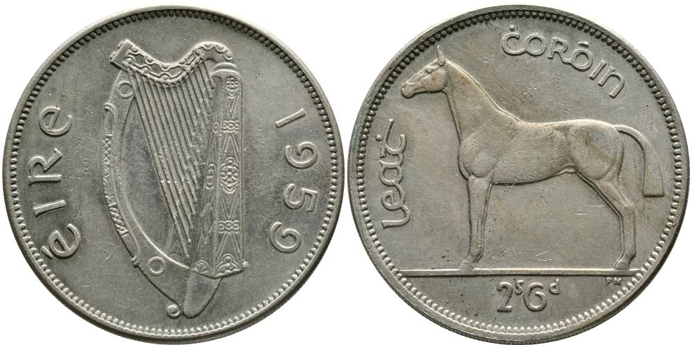 ИРЛАНДИЯ 1/2 КРОНЫ = 2 ШИЛЛИНГА 6 ПЕНСОВ 1959 ЛОШАДЬ KM 16а медно-никель 4531-843