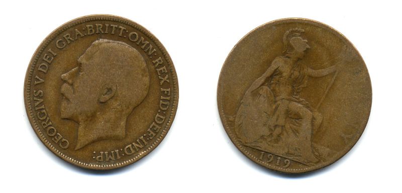 Великобритания 1 пенни 1919 Георг V (1910-1936) КМ 810, Spink 4051 бронза 47-243