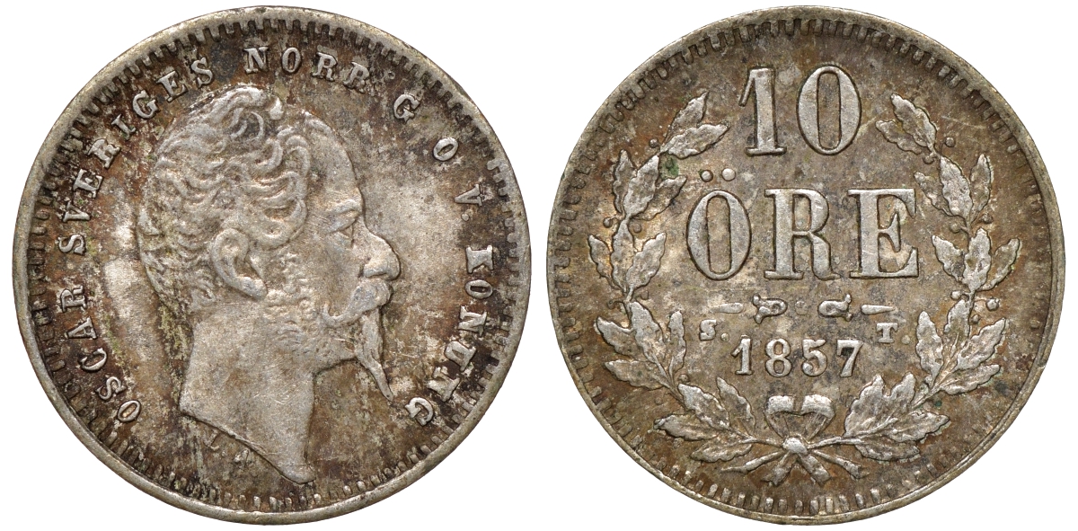Швеция 10 эре 1857 ST, Оскар I (1844-1859) KM 683 серебро 4179-657