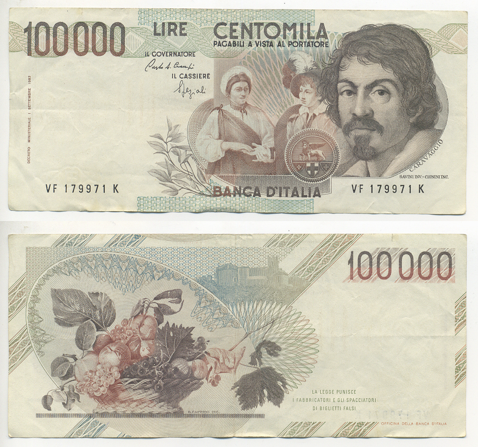 Италия 100000 лир 1983 Караваджо, фруктовый букет, подпись Speziali Pick 110b бумага 7220-13-3