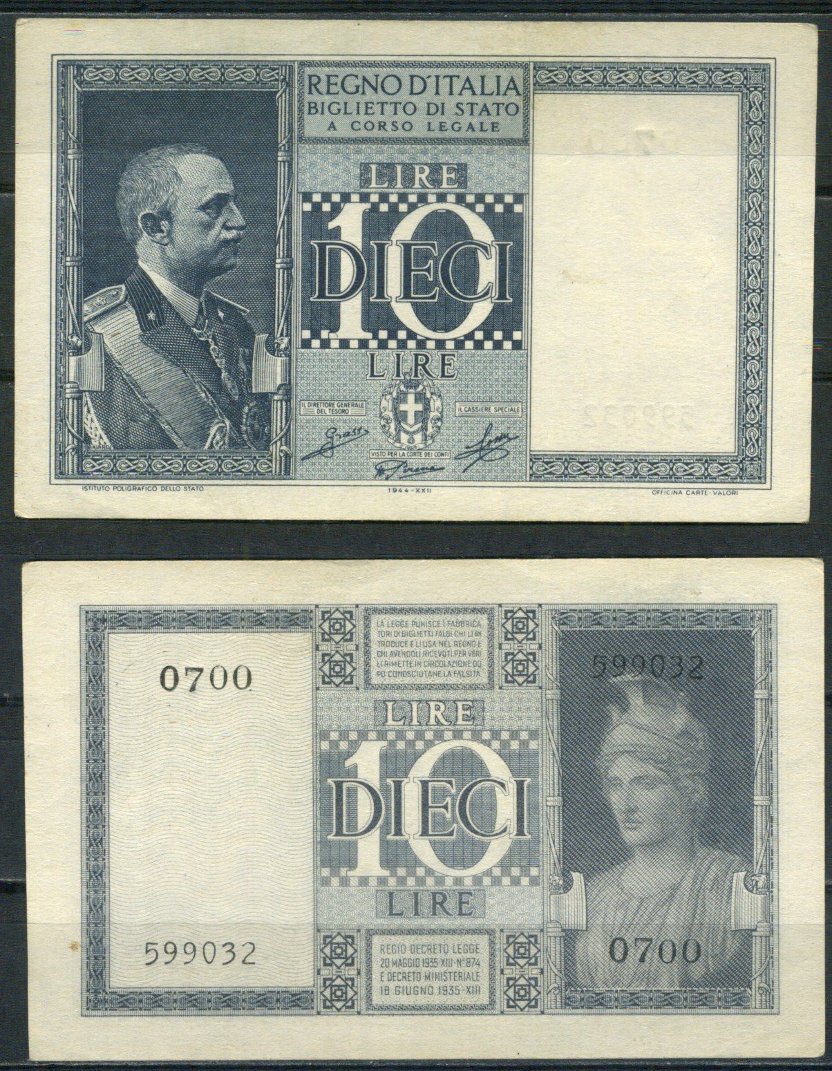 Италия 10 лир 1935 (1944) Виктор Эммануил III Pick 25 c бумага UNC (пресс) 451-1195-3