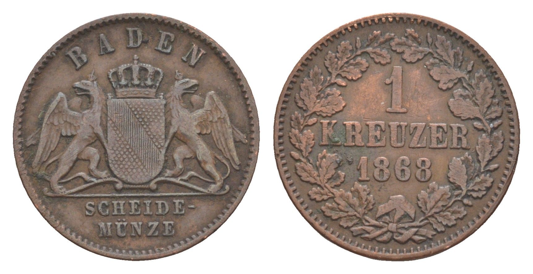 Баден 1 крейцер 1868 Фридрих I (1856-1907) KM 242 медь 4604-934