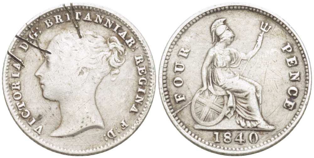 Великобритания 4 пенса 1840 Виктория (1837-1901) KM 731.1, Spink 3913 серебро 1516-841