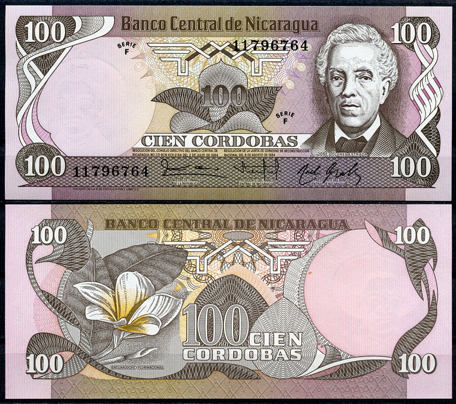 Никарагуа 100 кордоба 1985 серия F, Хосе Долорес Эстрада, цветок сакуанжоче Pick 141 бумага UNC (пресс) 447-68-3