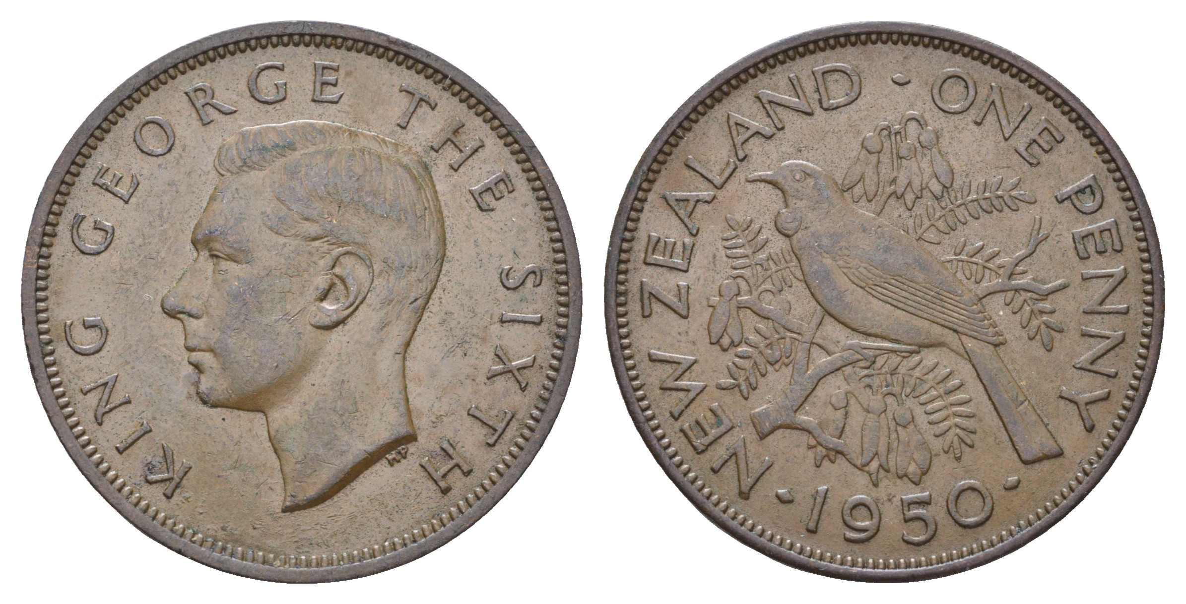 Новая Зеландия 1 пенни 1950 Георг VI (1936-1952), новозеландский туи KM 21 бронза    4512-113