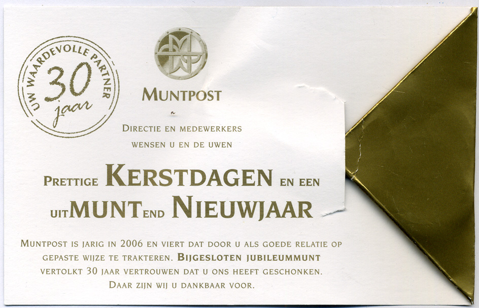 Нидерланды жетон 2006 30 лет пересылке монет по почте, диаметр 27 мм., магнитный, в конверте, 1 sceatta 2006 никелированная сталь UNC 00-00