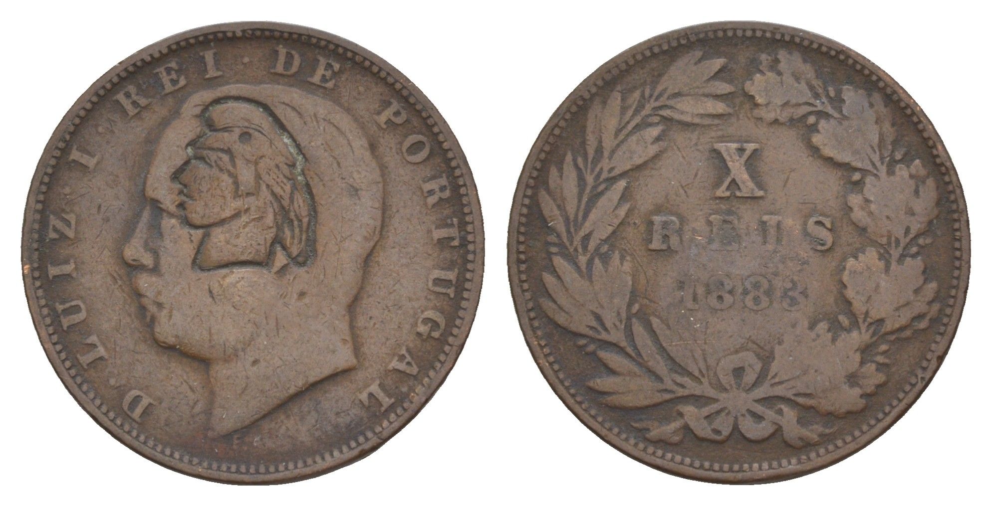 Португалия 10 реалов 1883 Луиш I (1861-1889), надчеканка - голова свободы KM 526 бронза 4654-917