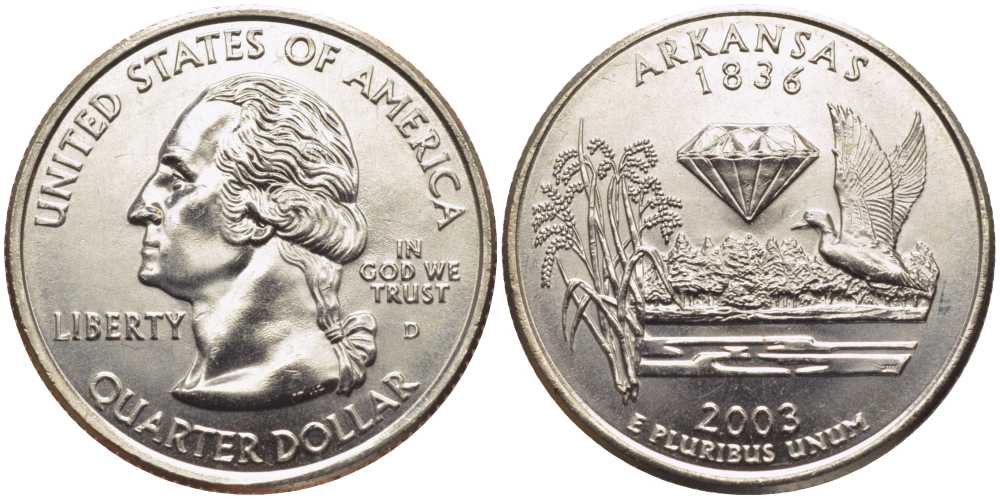 США 25 центов = квотер 2003 D, серия штаты США, штат Арканзас KM 347 медь плакированная медно-никелем UNC M20-16