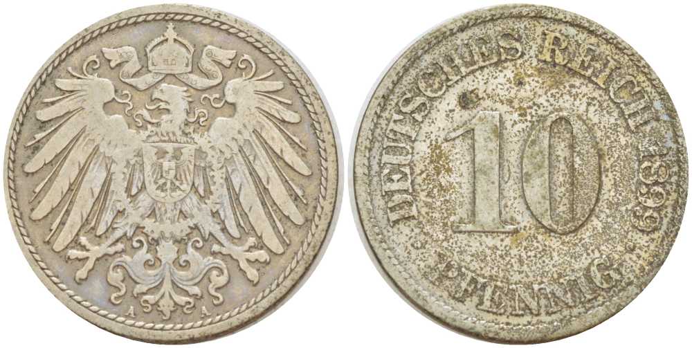 ГЕРМАНИЯ 10 ПФЕННИГОВ 1899 A KM 12, J. 13, Weege 8 медно-никель 261-1325