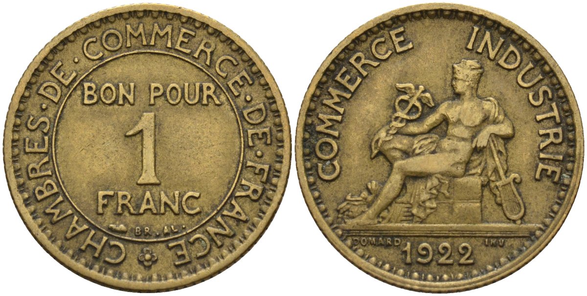 Франция 1 франк 1922 KM 876, Le Franc 218.5 алюминиевая бронза 4142-634