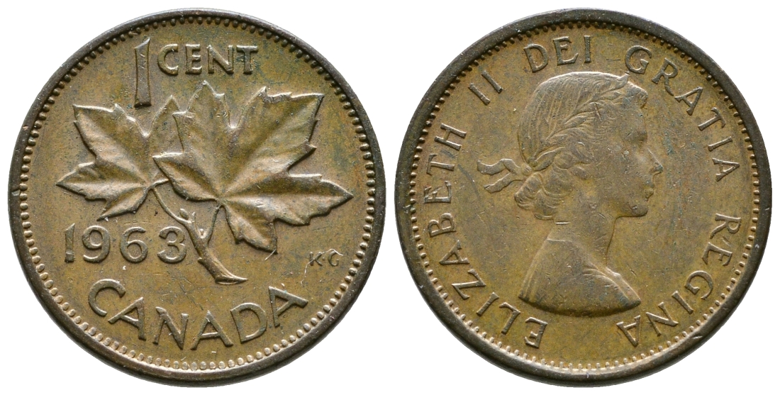 Канада 1 цент 1963 Елизавета II (1952-2022), кленовый лист KM 49 бронза 46-1334