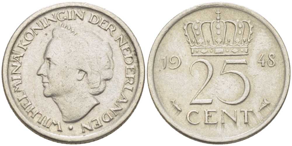 НИДЕРЛАНДЫ 25 ЦЕНТОВ 1948 ВИЛЬГЕЛЬМИНА (1890-1948) KM 177 никель 214-868