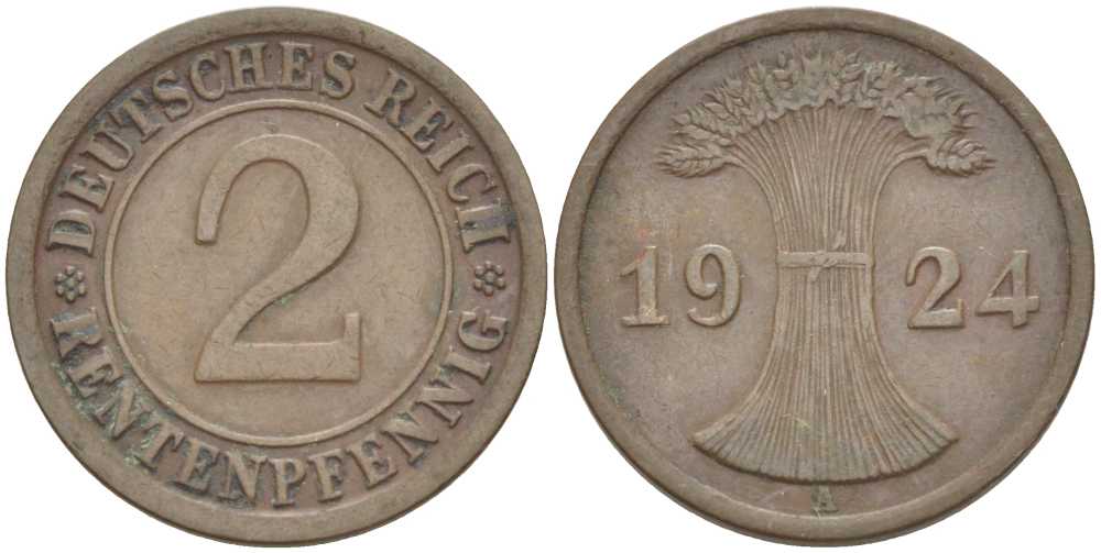 ГЕРМАНИЯ 2 РЕНТЕНПФЕННИГA 1924 A KM 31, J. 307, Weege 3 бронза 206-857