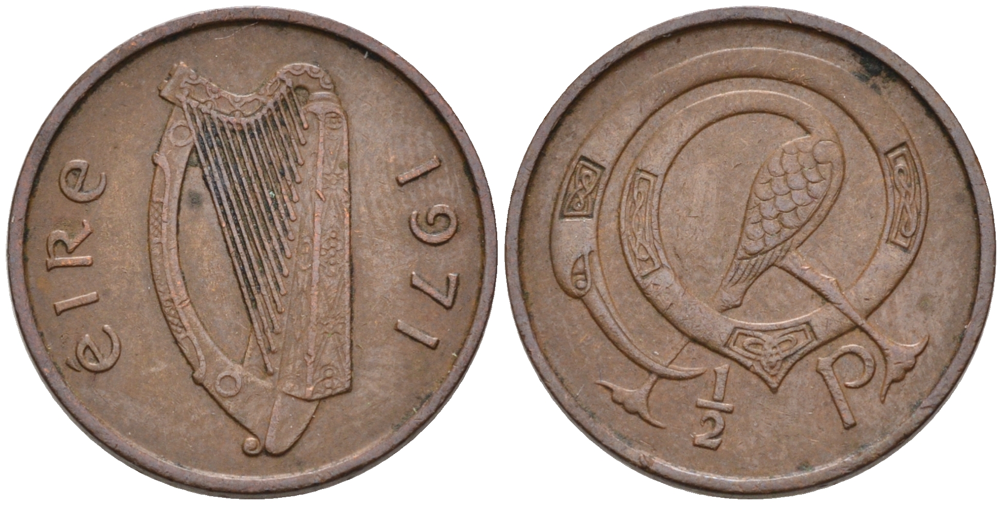 ИРЛАНДИЯ 1/2 ПЕННИ 1971 ПТИЧКА KM 19 бронза 4588-411