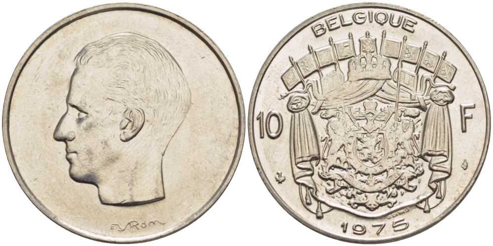 Бельгия 10 франков 1975 Belgique, Бодуэн I (1951-1993) KM 155.1 никель 38-646